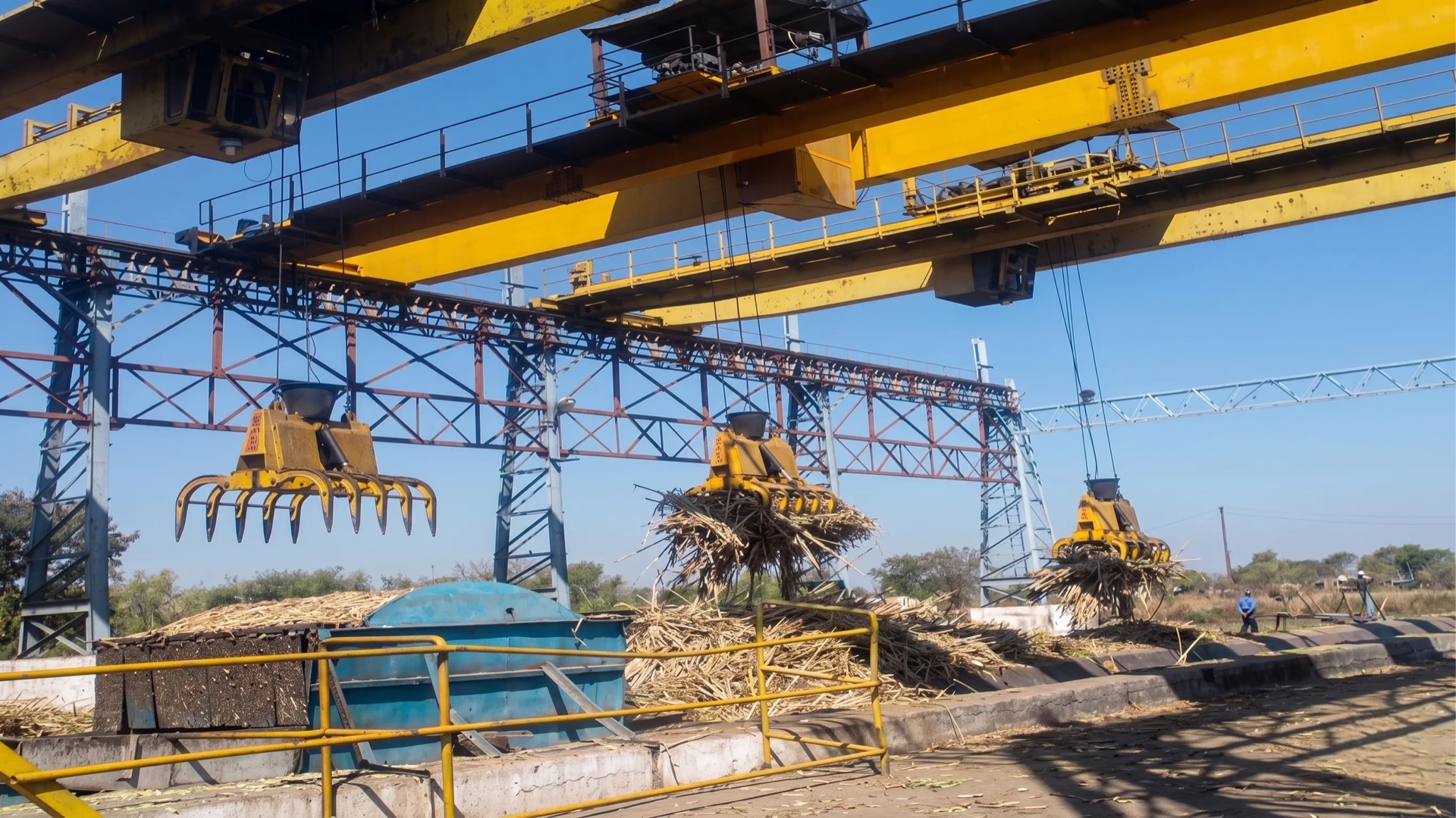 Bridge-type cane unloaders standing over a sugar mill cane yard