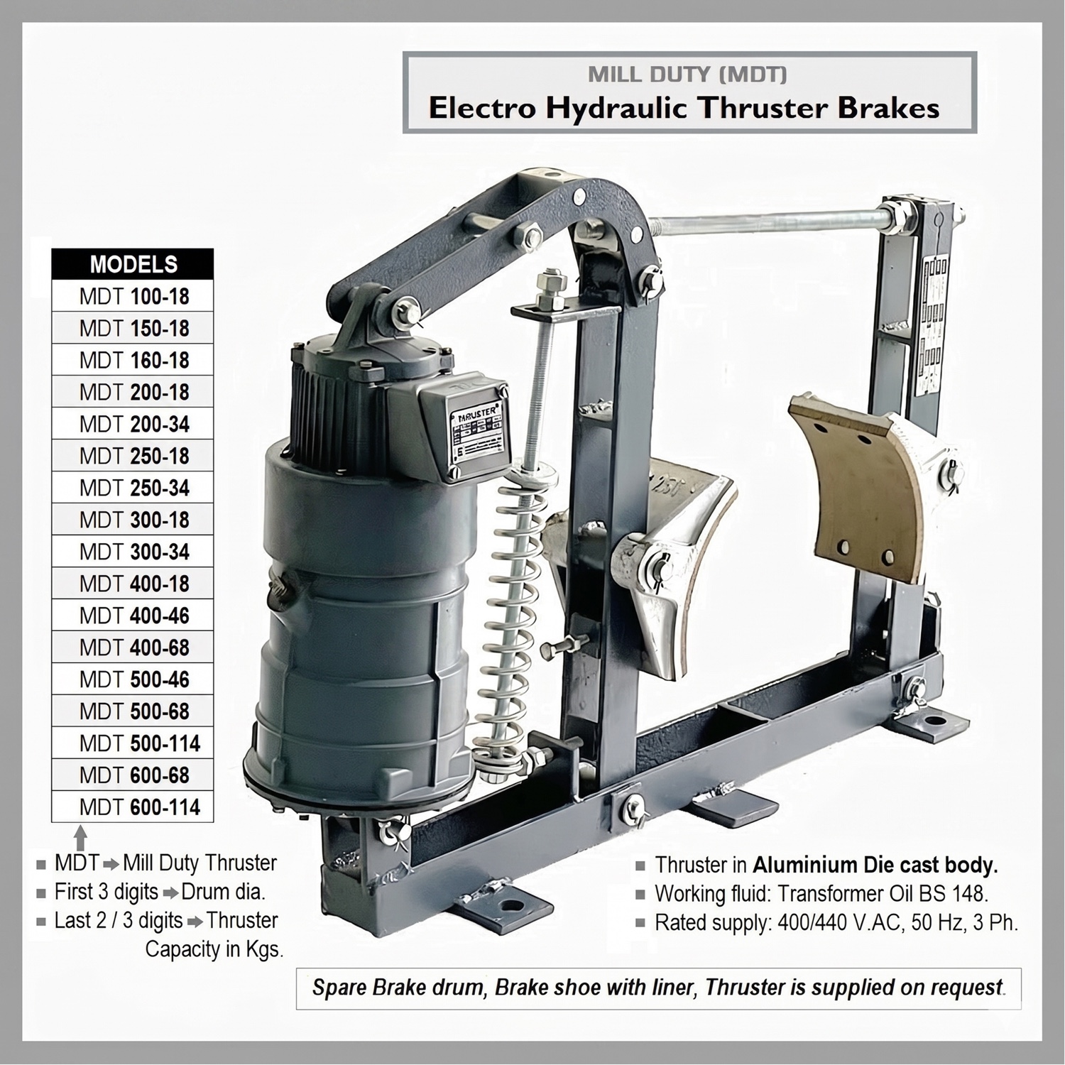 Electro-hydraulic thruster brake, mill duty